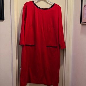 Talbots red sheath dress with blue faux pockets